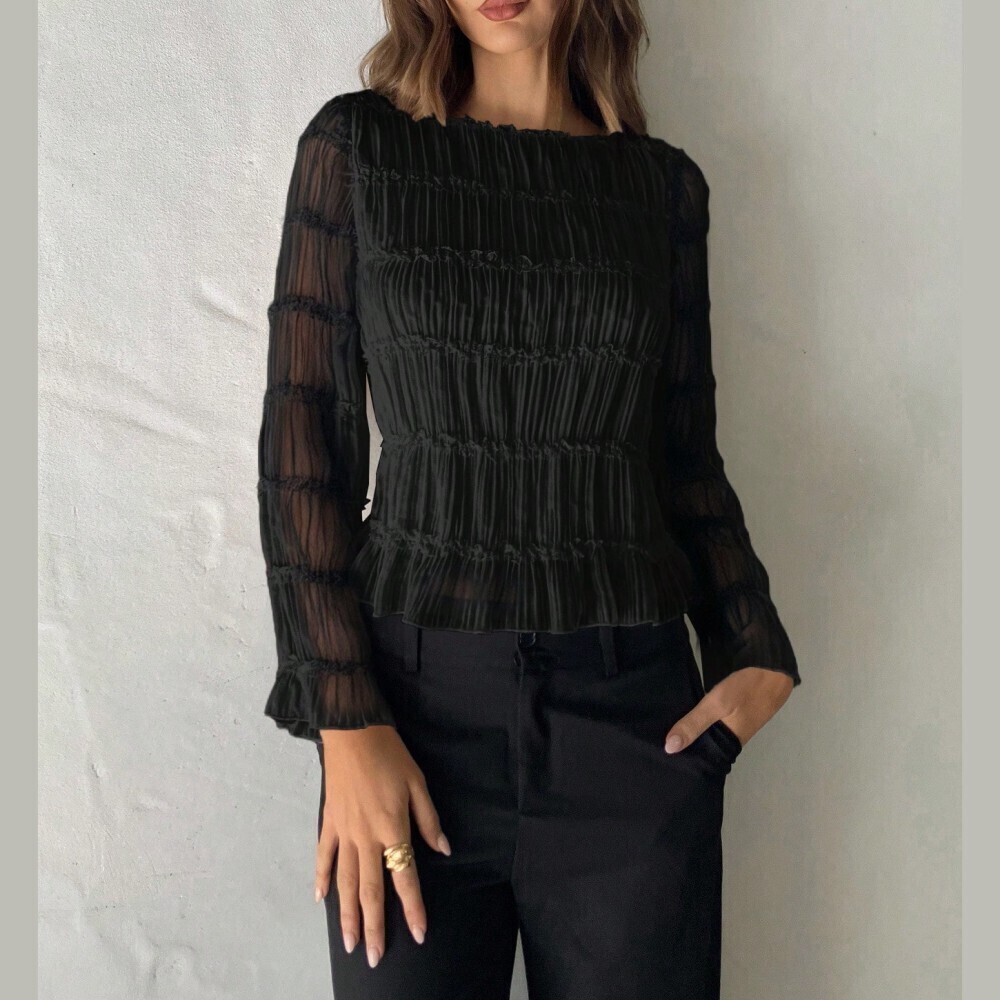 Black Textured Boat Neck Sheer Sleeve Blouse